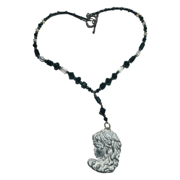 Hand Crafted Jewelry - Art Nuveau Clay Lady Pendant with Artisan Crafted with Crystal Beaded Necklace